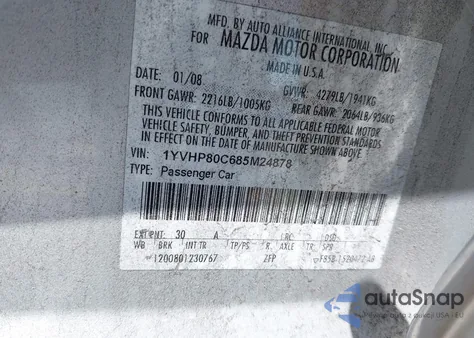 2008 Mazda Mazda6 I Sport Ve from USA, damaged, VIN 1YVHP80C685M24878